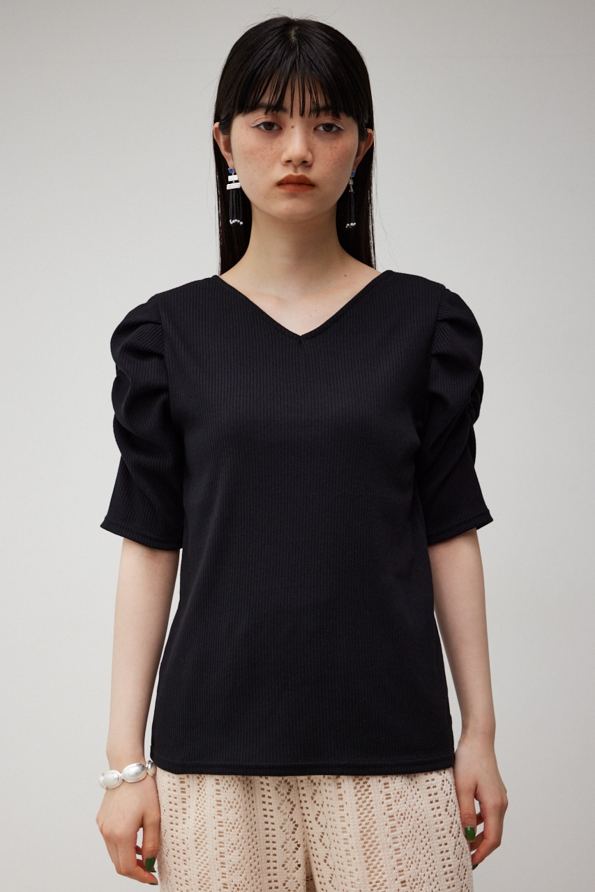 2WAY GATHER SLEEVE RIB TOPS